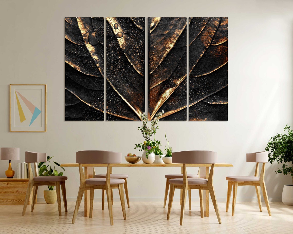 Golden Leaf With Water Droplets Dark Background Botanical Wall Poster - Image 7