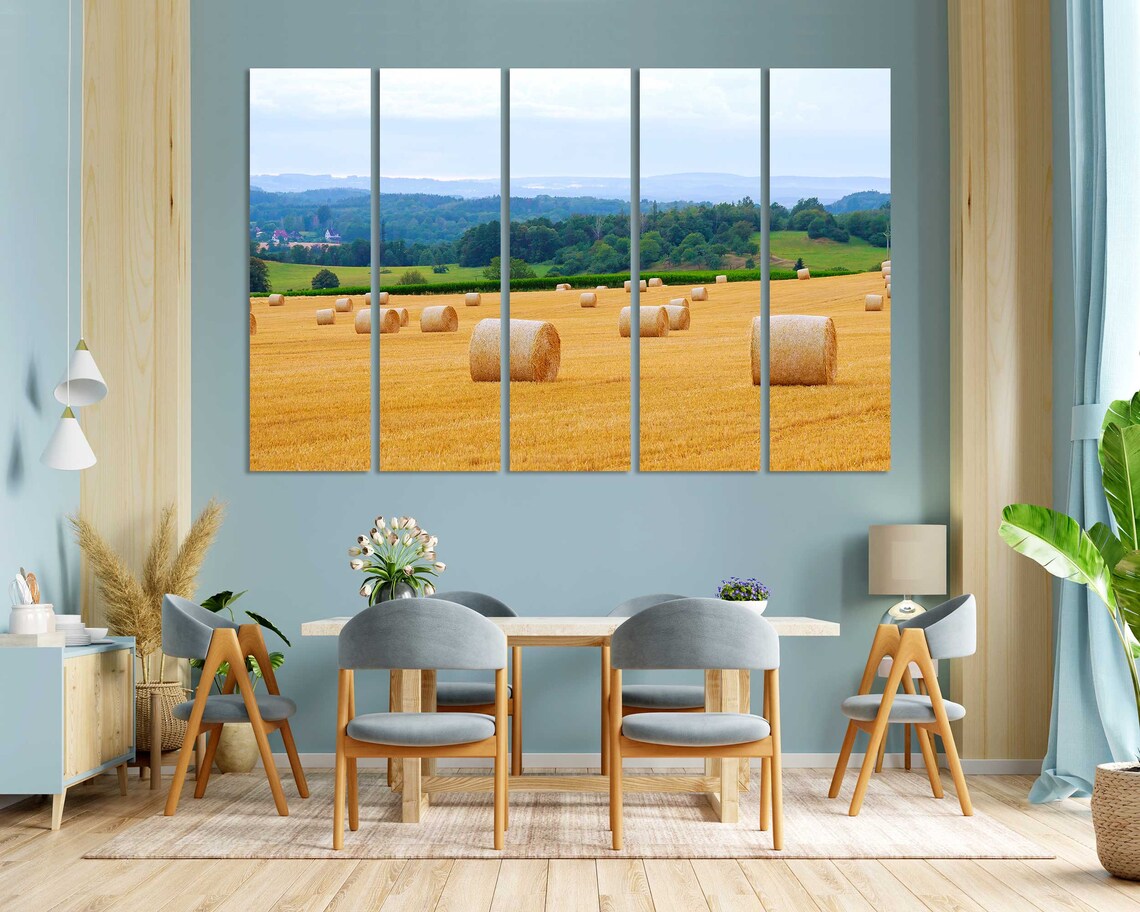 Golden Wheat Field with Round Hay Bales Harvest Country View Poster - Image 3