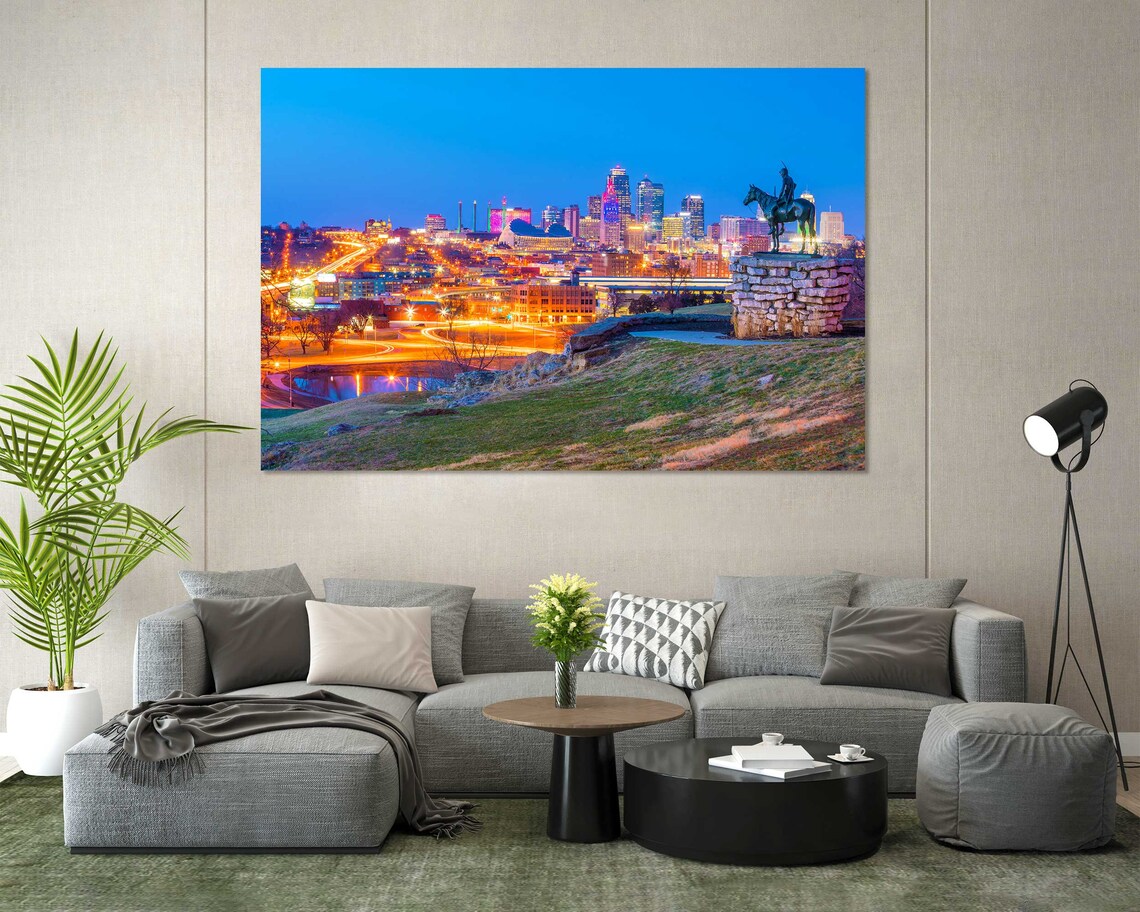 Kansas City Missouri Downtown Skyline Night Lights Scout Statue Poster