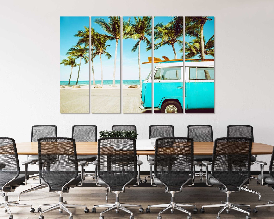 Vintage VW Camper Van Beach Palm Trees Surfboard Retro Trip Poster - Image 3