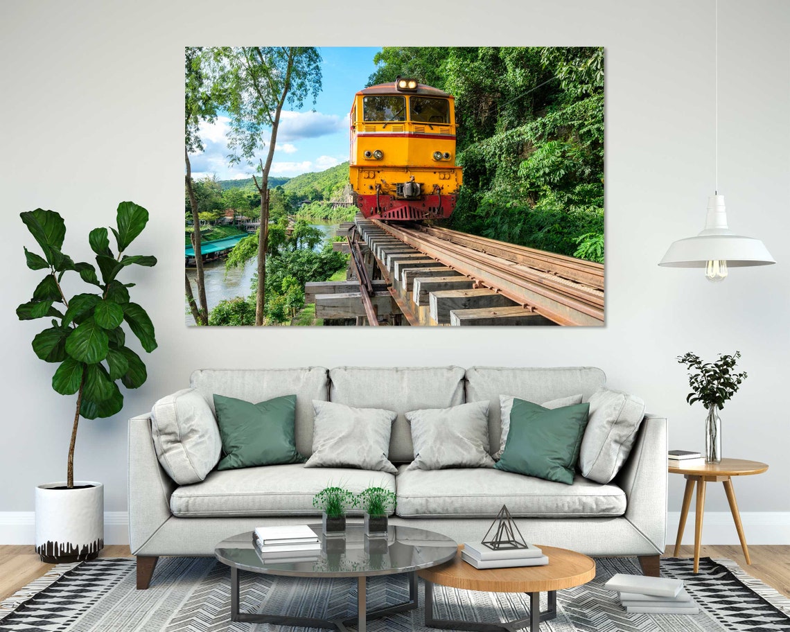 Yellow Train Crossing Wooden Trestle Bridge Jungle River Travel Print