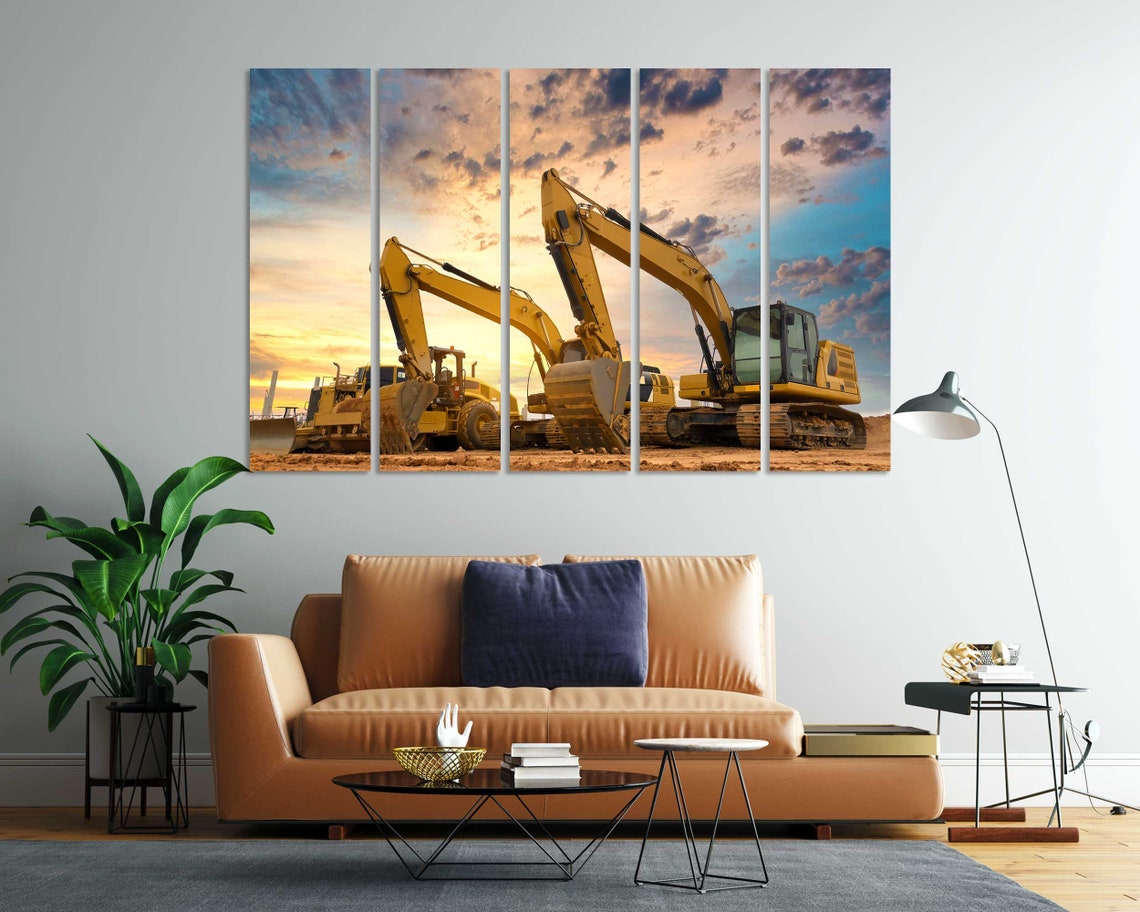 Yellow Excavators Construction Site Sunset Machinery Office Poster - Image 8