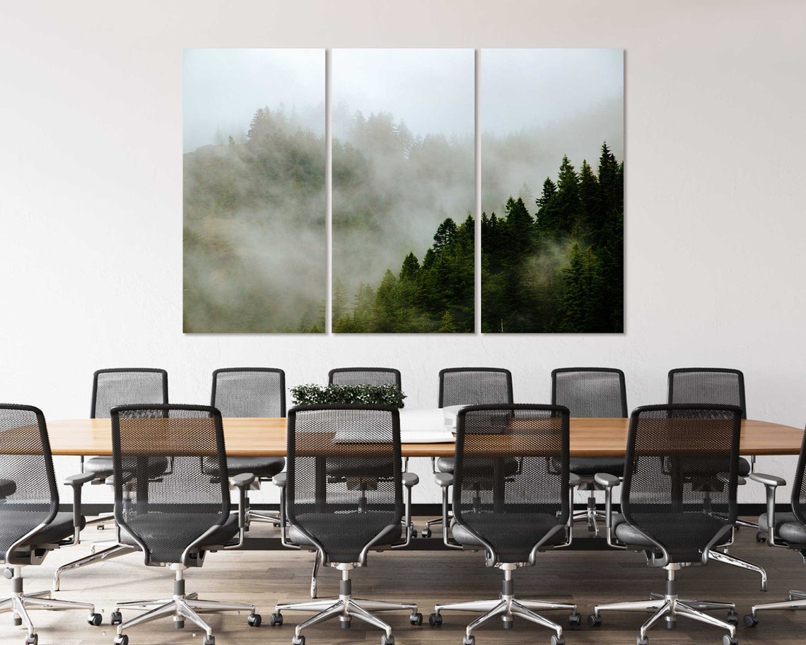 Misty Evergreen Forest In Fog Triptych Moody Pine Trees Wall Poster - Image 4