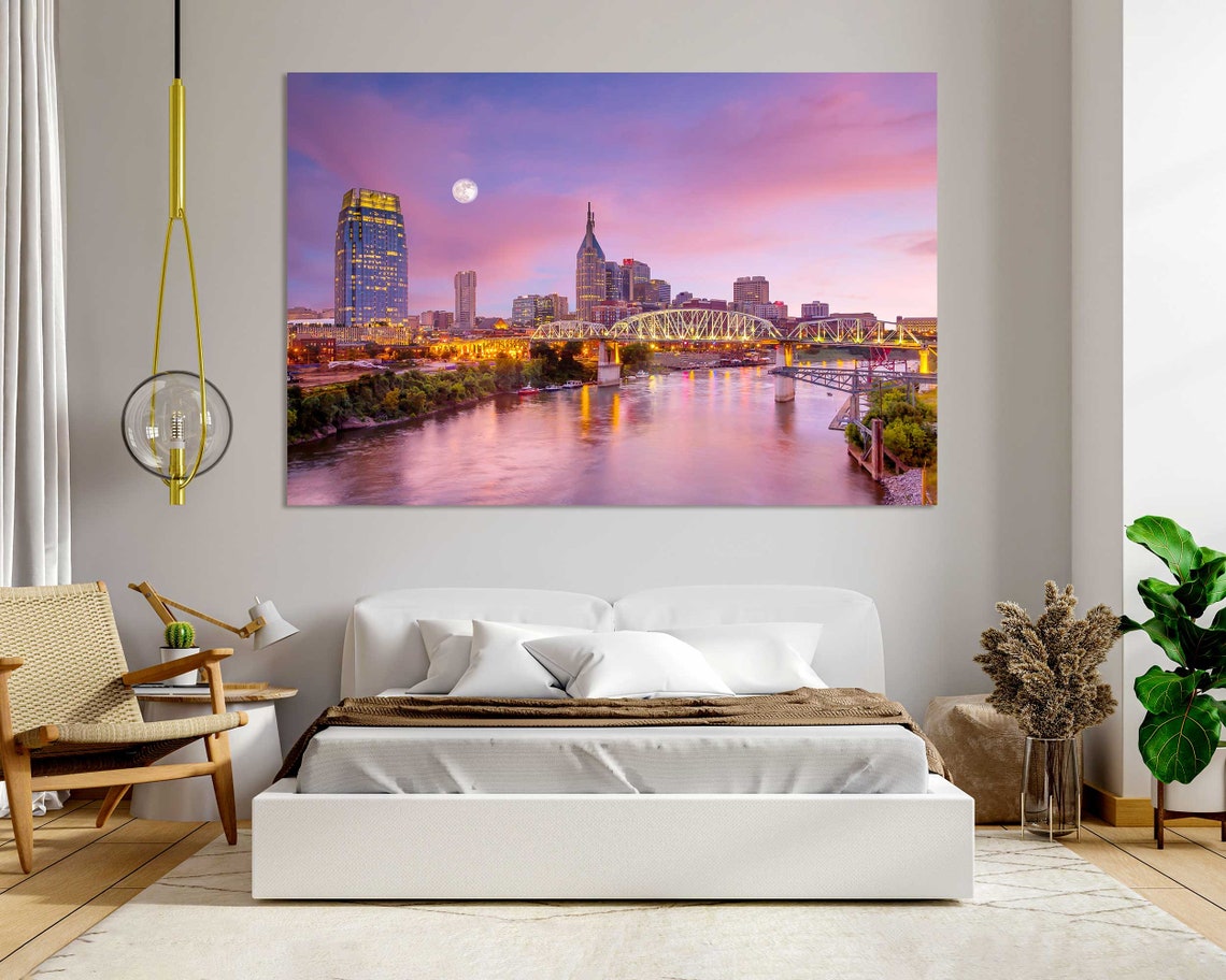Nashville Skyline Evening with Full Moon Over River Bridges Poster - Image 8