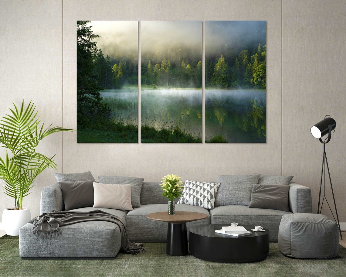 Foggy Morning In Forest With Lake Print Art Foggy Lake Pictures Art Decor Green Forest Design Art For Wall Morning Landscape Art - Image 2