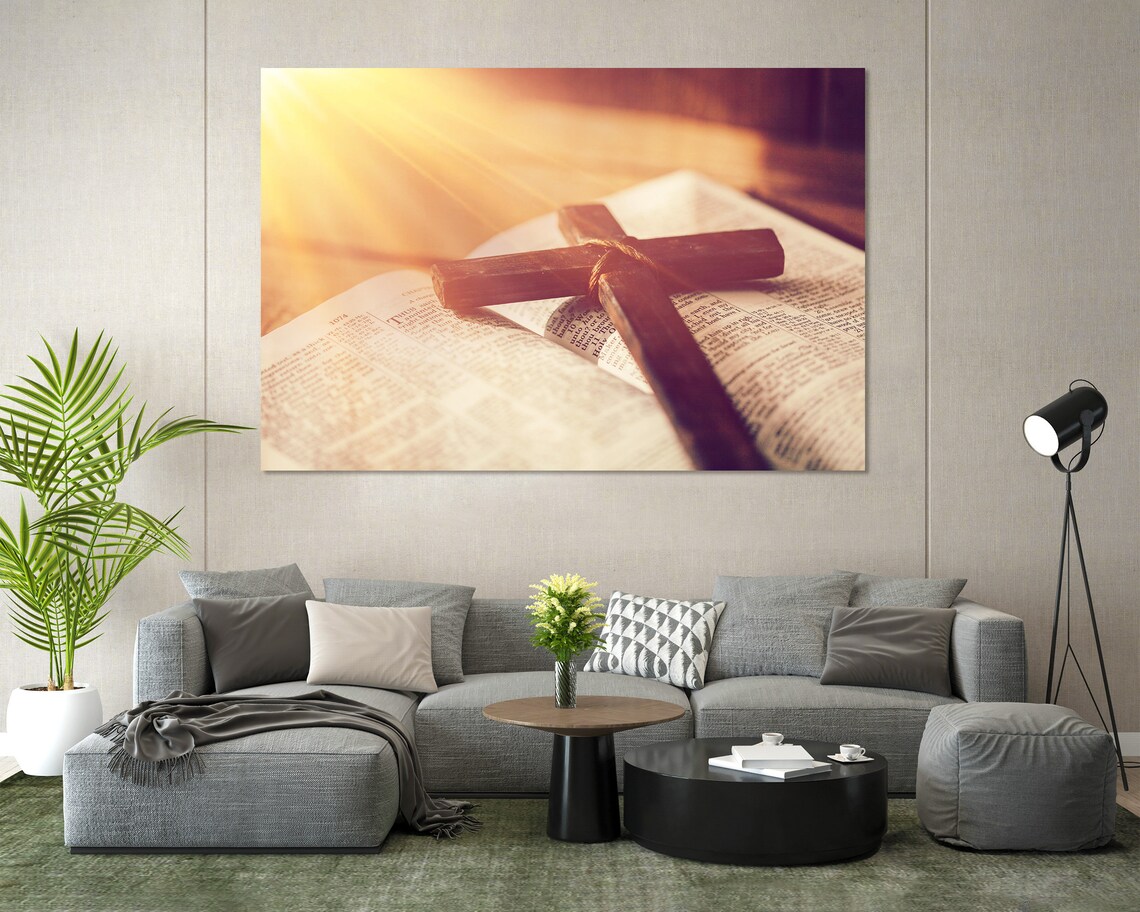 Wooden Cross On Open Bible Warm Light Faith Triptych Wall Art - Image 7