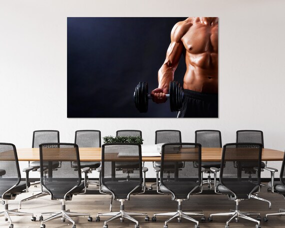 Muscular Man Dumbbell Curl Dark Background Fitness Gym Wall Art Poster