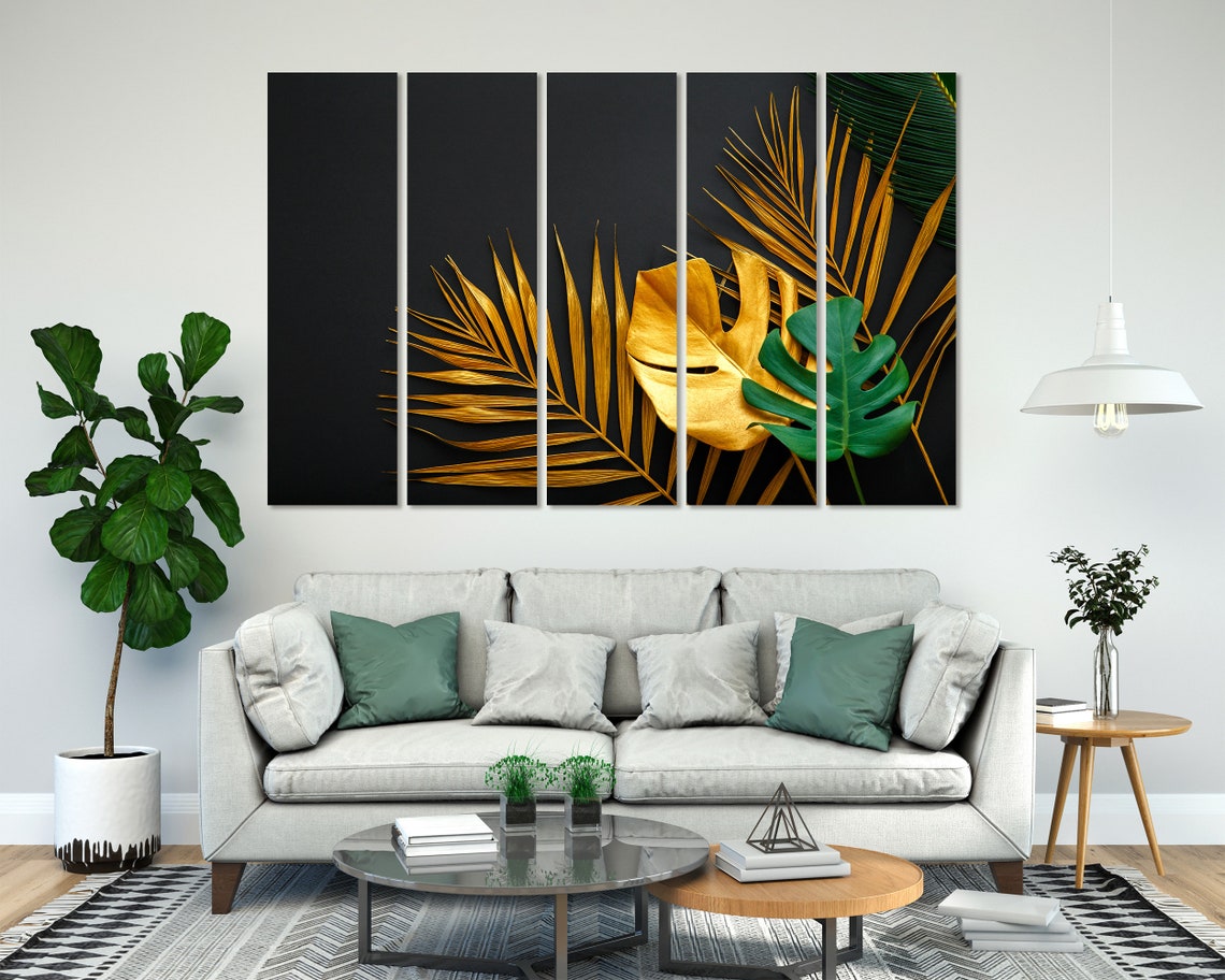 Gold Tropical Palm Leaves Monstera Black Background Botanical Poster - Image 8