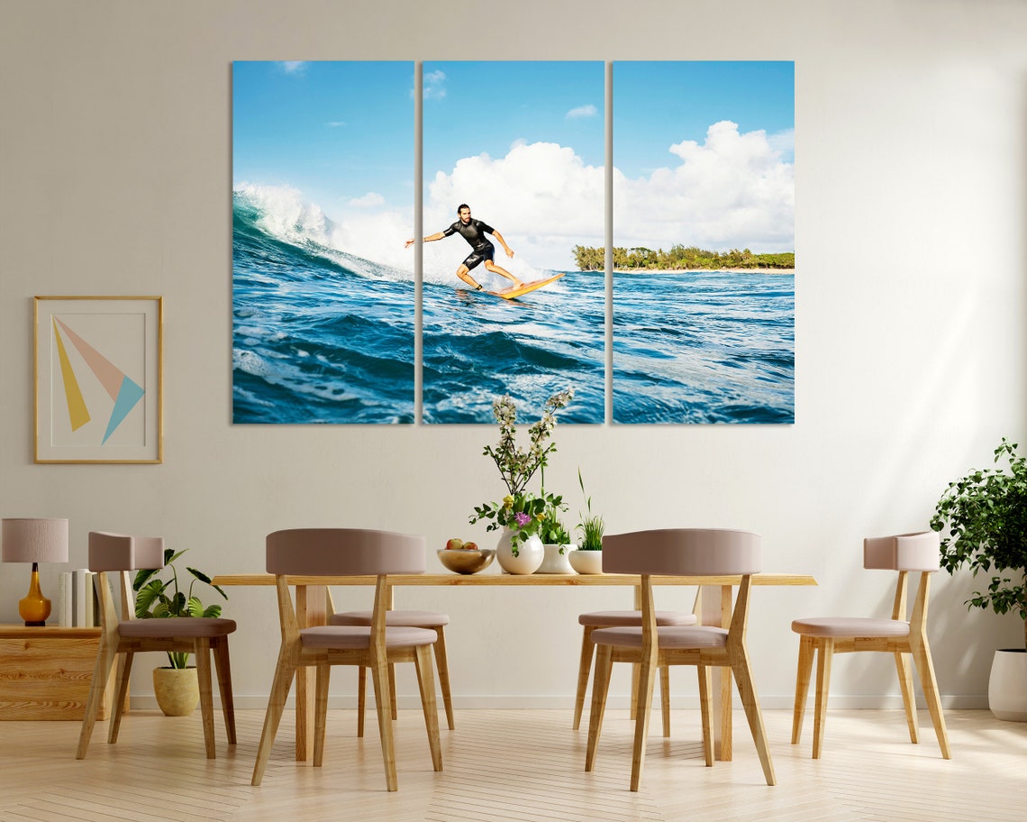 Surfer Riding Ocean Wave Sunny Blue Day Coastal Surfing Art Poster - Image 6