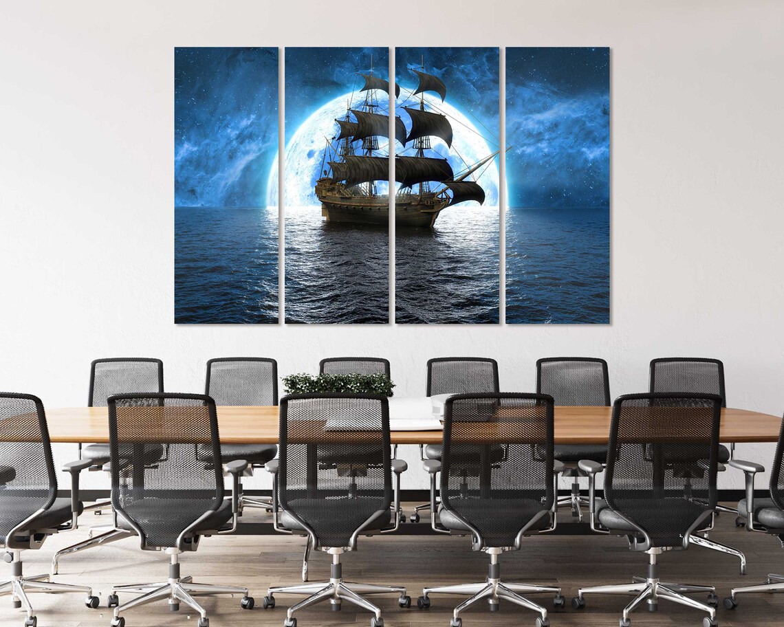 Tall Ship Sailing Under Giant Full Moon Night Seascape Fantasy Poster - Image 4