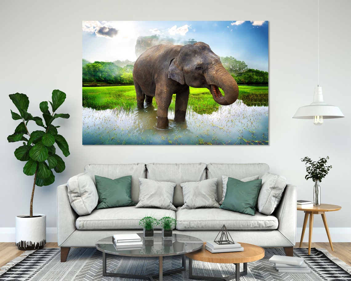 Asian Elephant Standing in Pond Green Field Mist Wildlife Poster