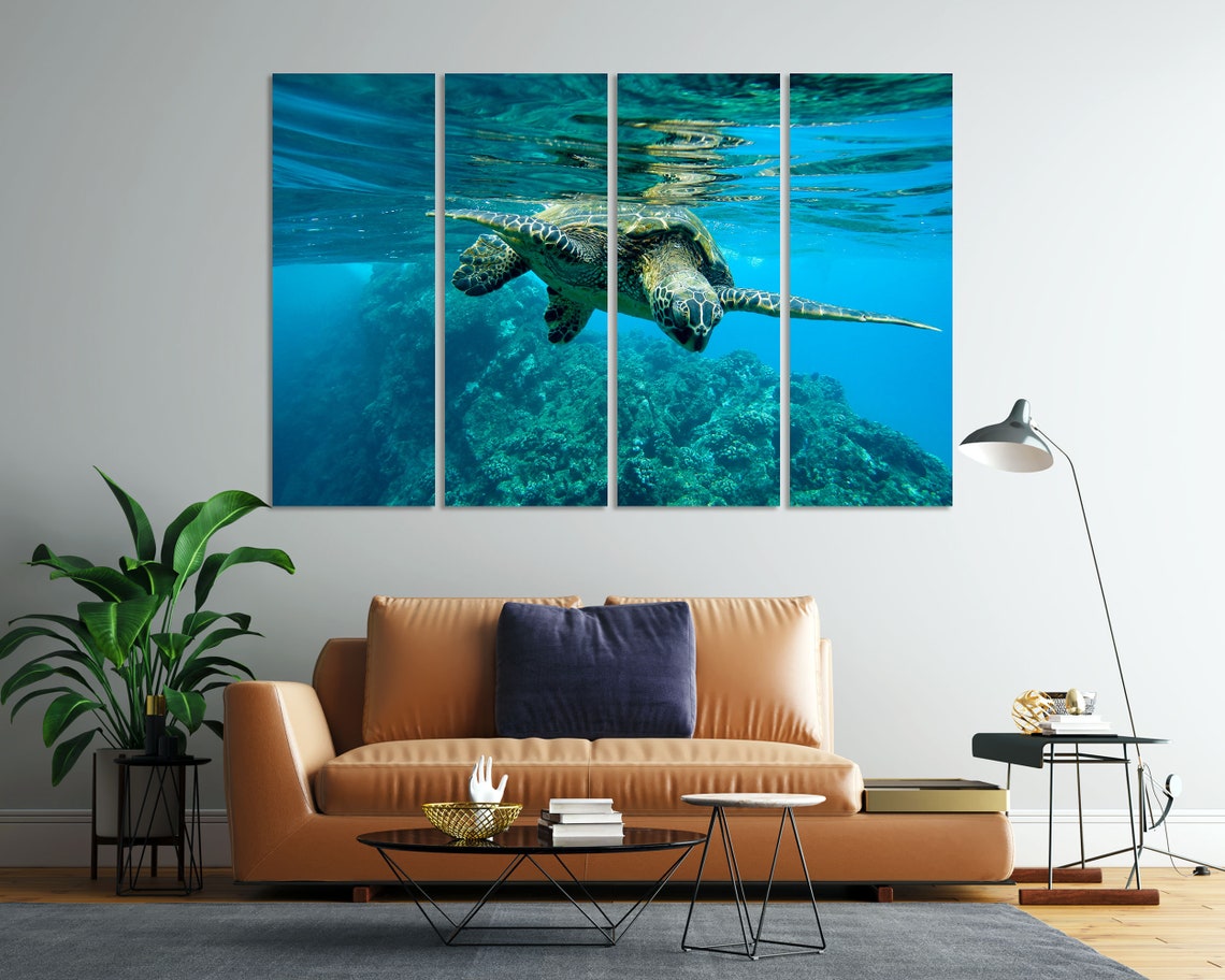 Sea Turtle Underwater Coral Reef Bright Turquoise Ocean Art Poster - Image 7
