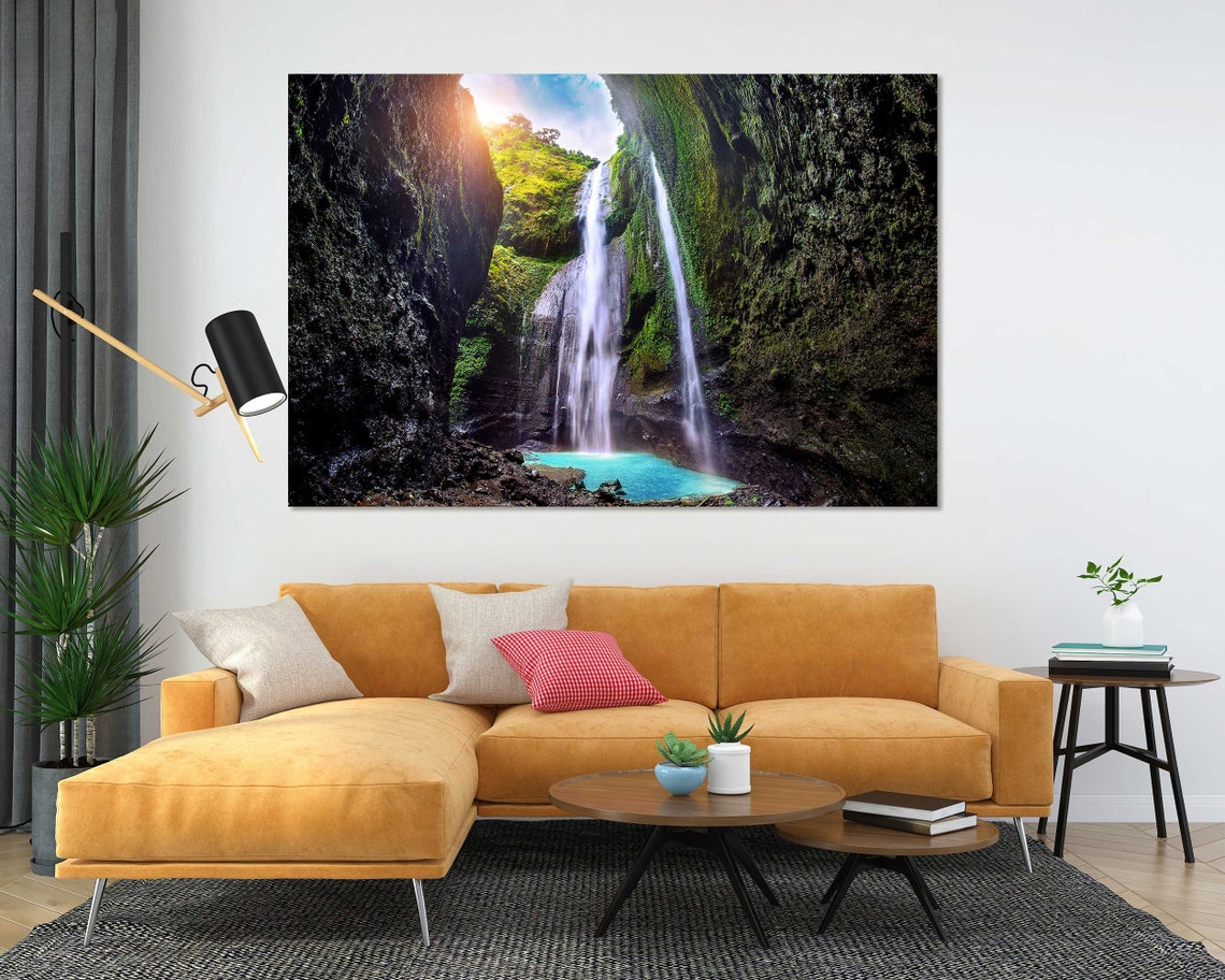Indonesia Tall Waterfall in Mossy Green Canyon Jungle Pool View Poster - Image 5