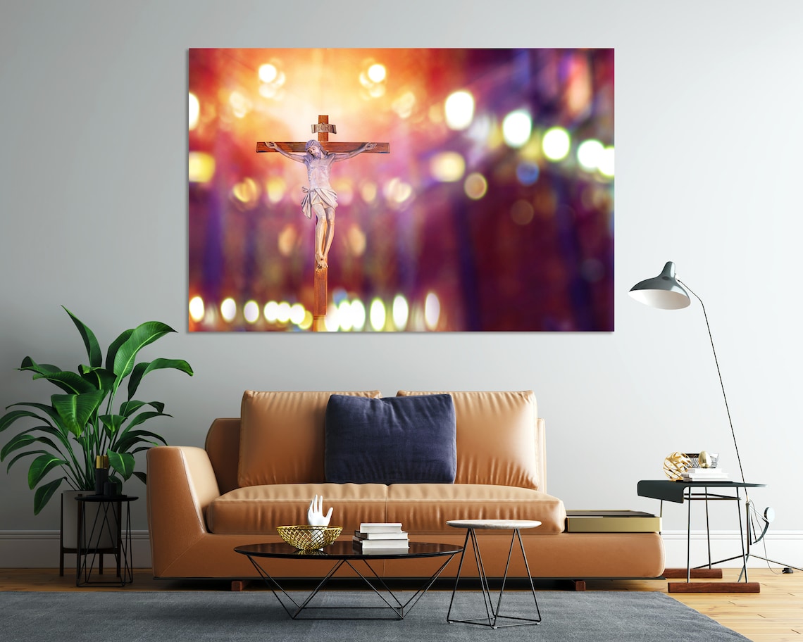 Jesus Christ on the Cross in Church Warm Bokeh Christian Art Poster - Image 7