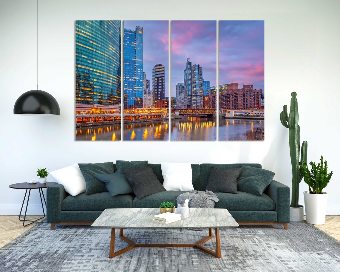 Chicago Downtown River Dusk City Lights Skyline Illinois Travel Poster - Image 3