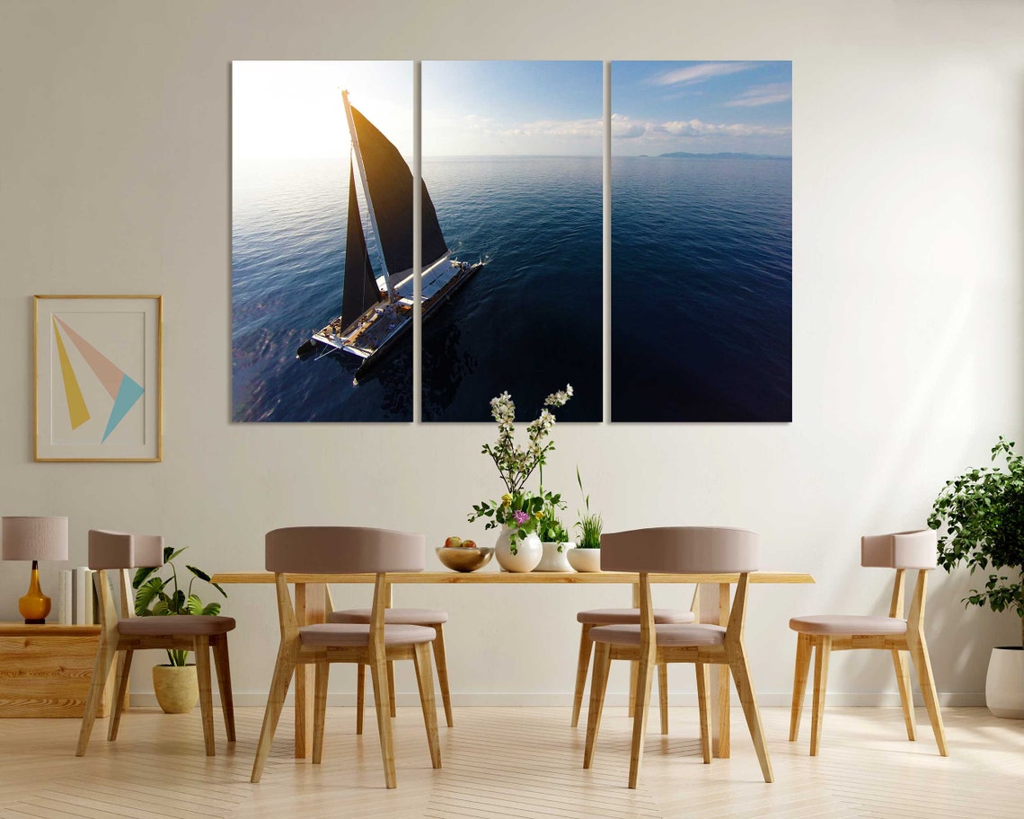 Sailboat With Black Sails Aerial View Calm Blue Ocean Sunset Poster - Image 6