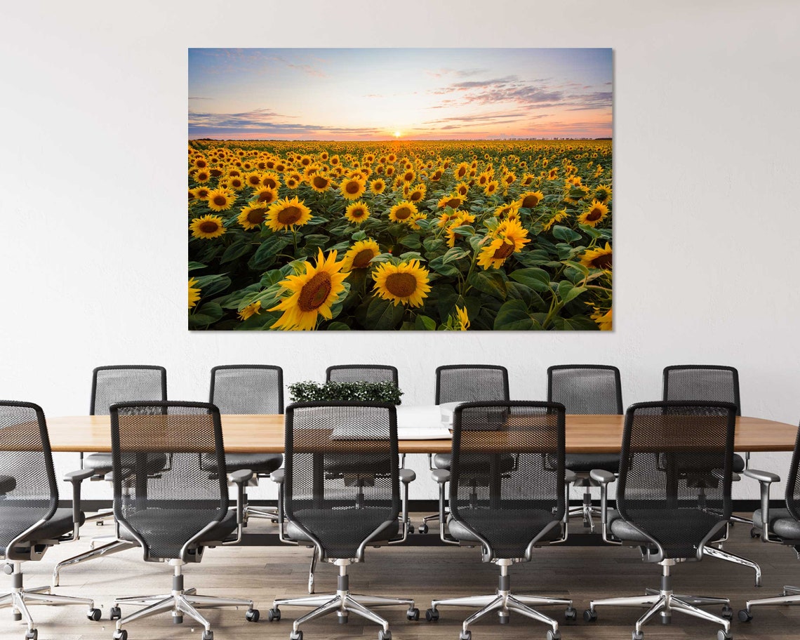Sunflower Field at Sunset Golden Blooms Horizon 3 Panel Wall Art - Image 4