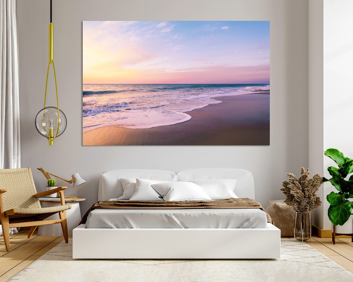 Pastel Beach Sunset Waves Gentle Shore Serene Coastal Travel Poster