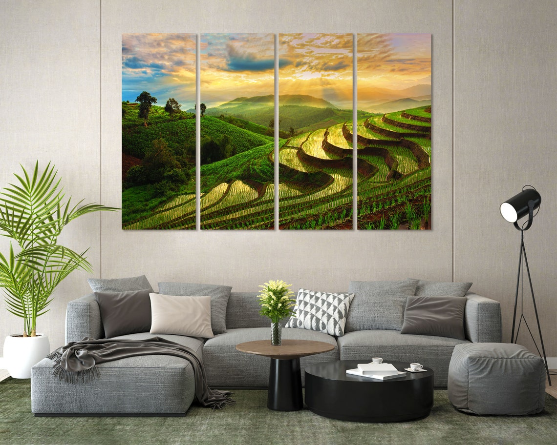 Terraced Rice Fields Sunset Misty Green Hills Golden Light Poster - Image 8