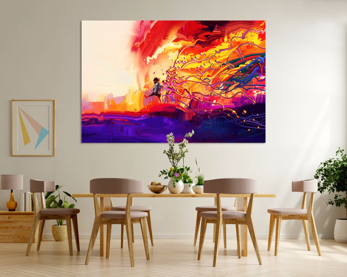 Girl Running Through Colorful Swirling Paint Joyful Abstract Poster