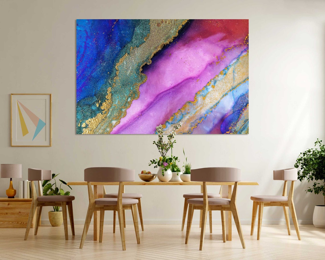 Purple Pink Blue Gold Diagonal Marble Ink Flow Wall Art Poster - Image 6