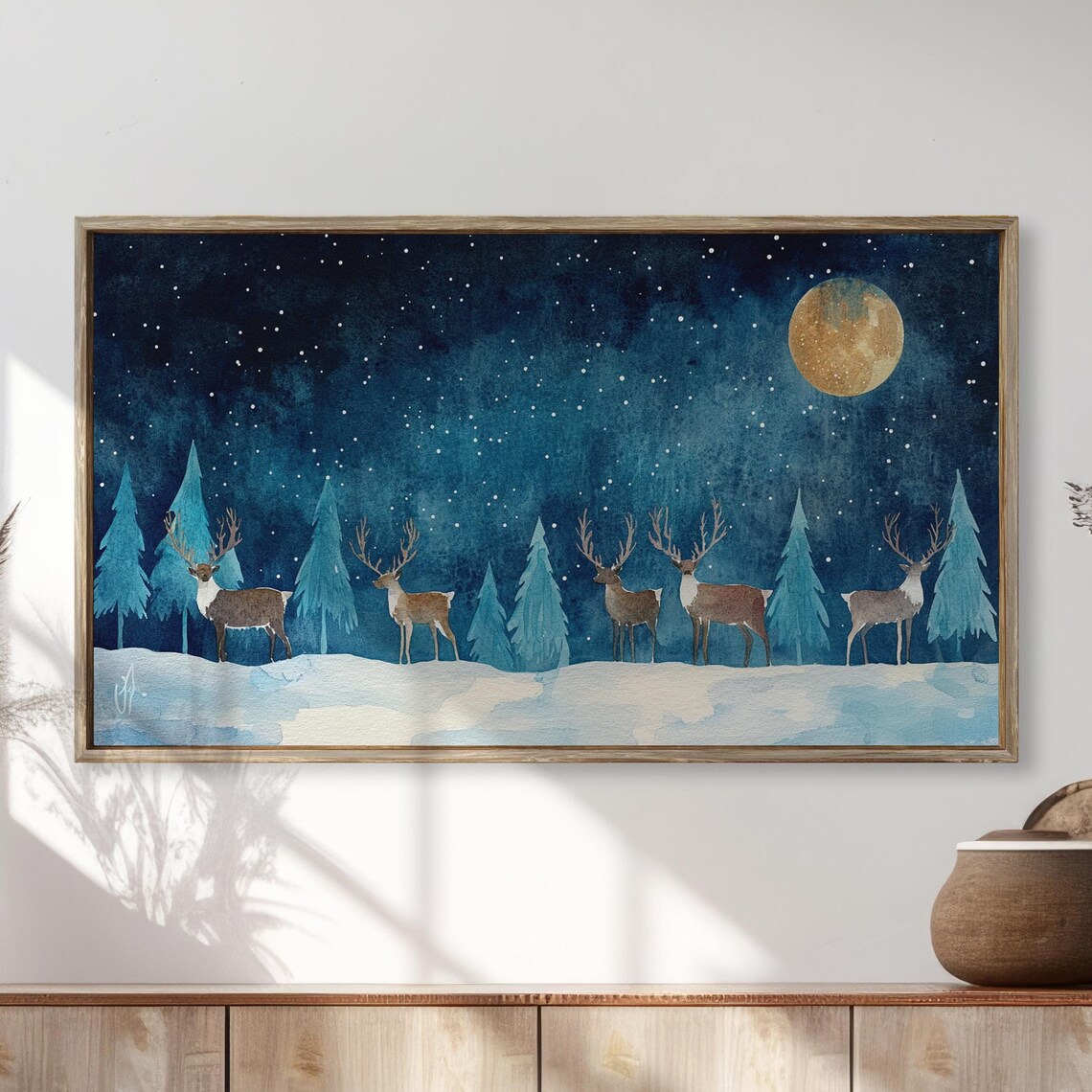 Christmas Reindeer Frame Tv Art Reindeers Snowy Landscape Minimalist Watercolor Painting Winter Farmhouse Holiday Xmas