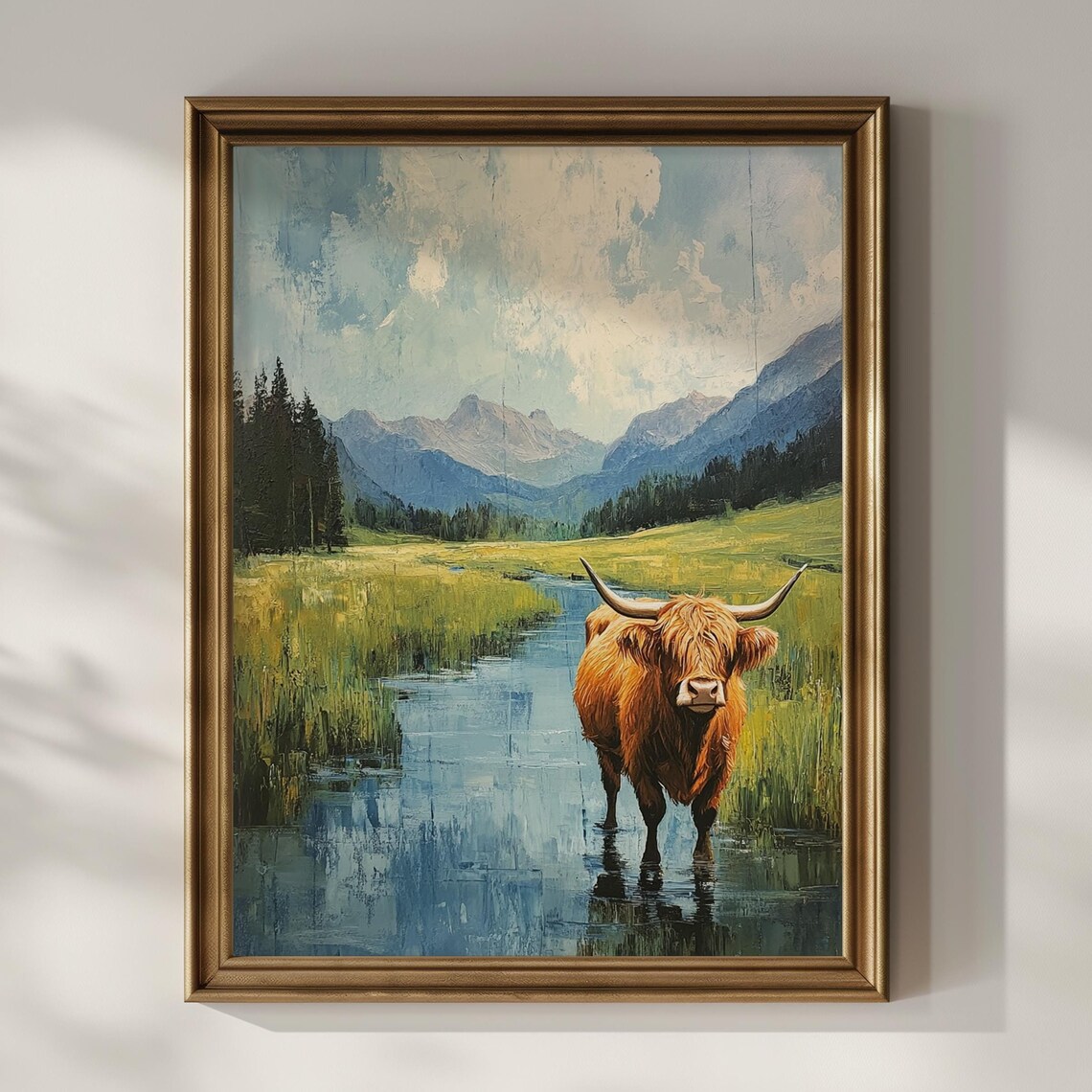 Ginger Highland Cow Wading in Mountain Stream Landscape Art Poster