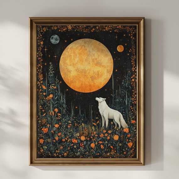 White Wolf Wall Art Full Moon Wildflower Witchy Occult Cottagecore Modern Art Deco Vintage Wall Decor