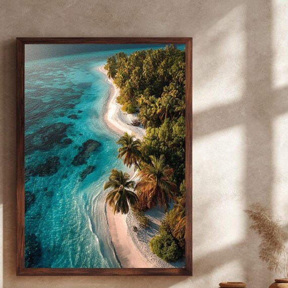 Tropical Island Aerial Beach Poster Turquoise Ocean Palm Paradise Art