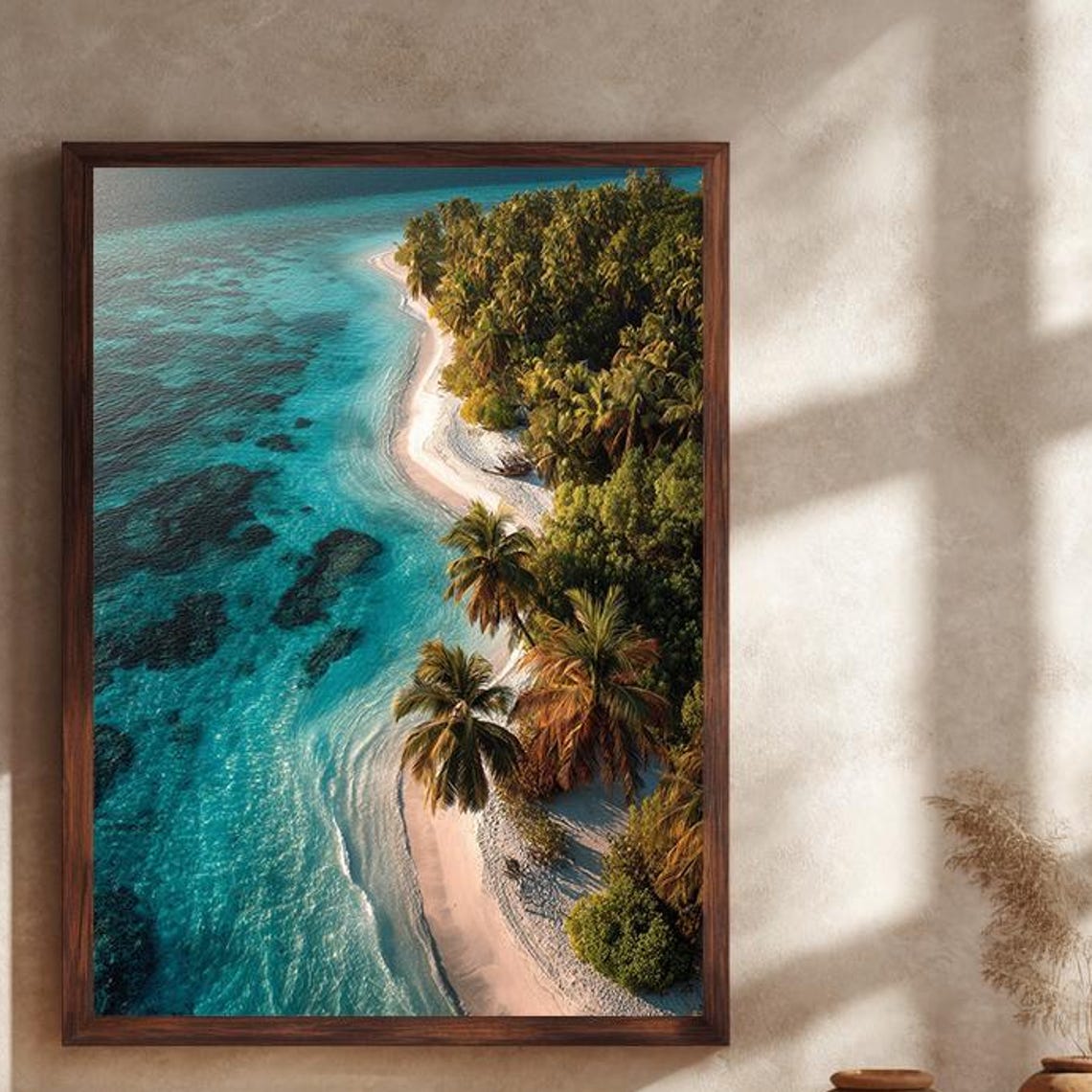 Tropical Island Aerial Beach Poster Turquoise Ocean Palm Paradise Art
