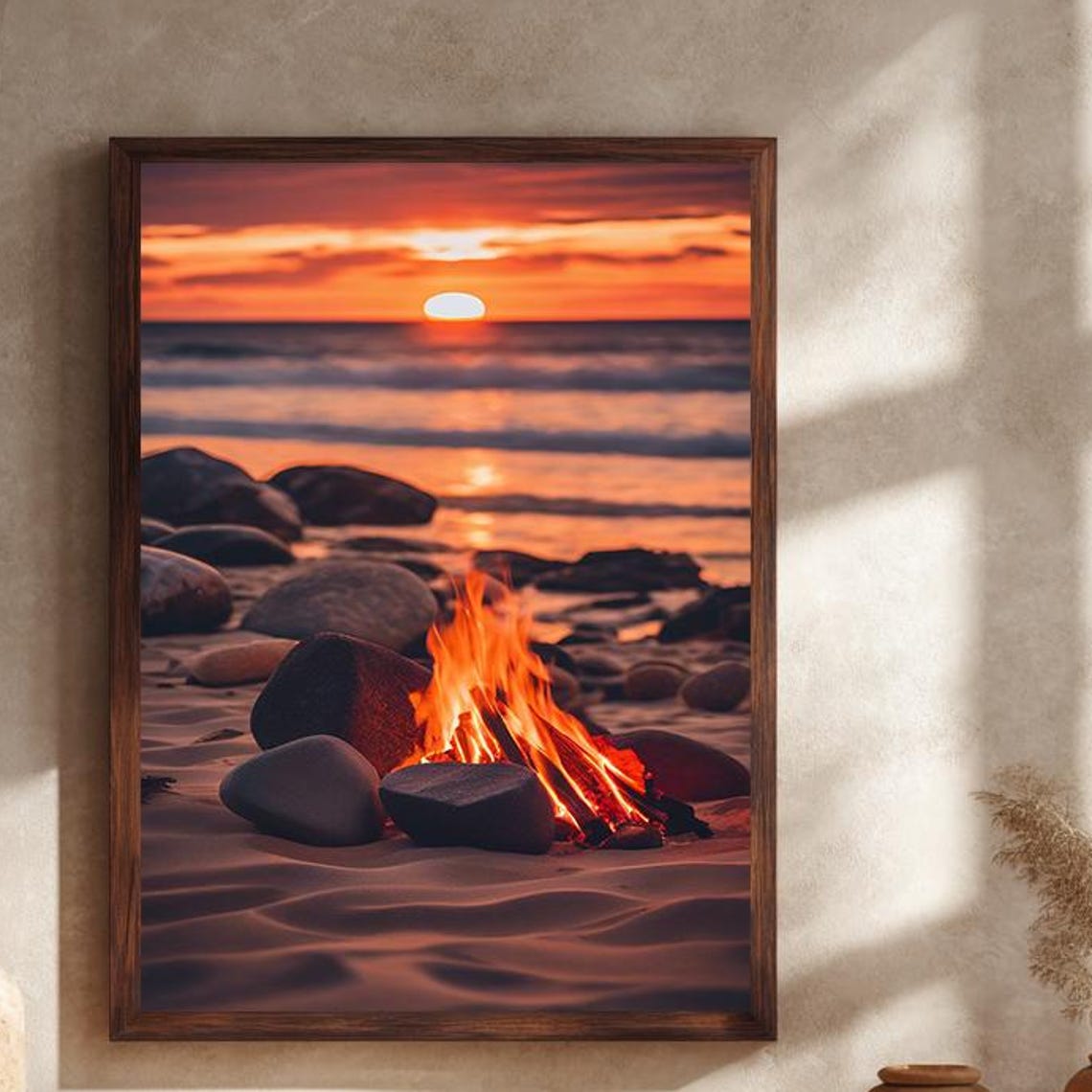 Beach Bonfire At Sunset With Ocean Waves And Warm Glow Wall Art