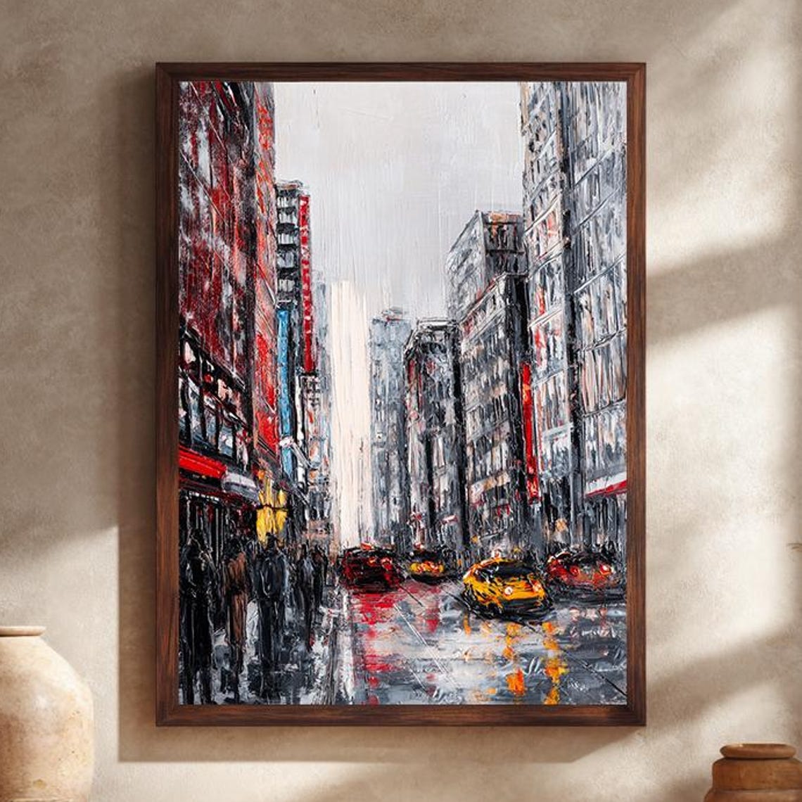 Rainy City Street Canvas Wall Art With Yellow Taxis And Red Accents Urban Painting Print For Modern Industrial Or Loft Home Decor
