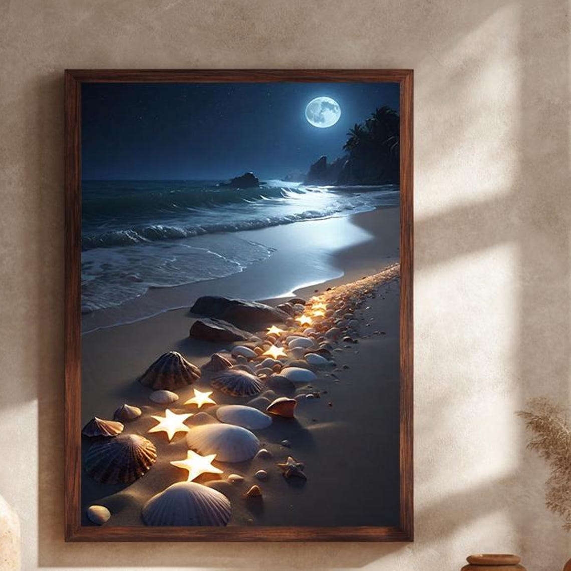 Moonlit Beach Glowing Star Path Seashells Night Ocean Poster