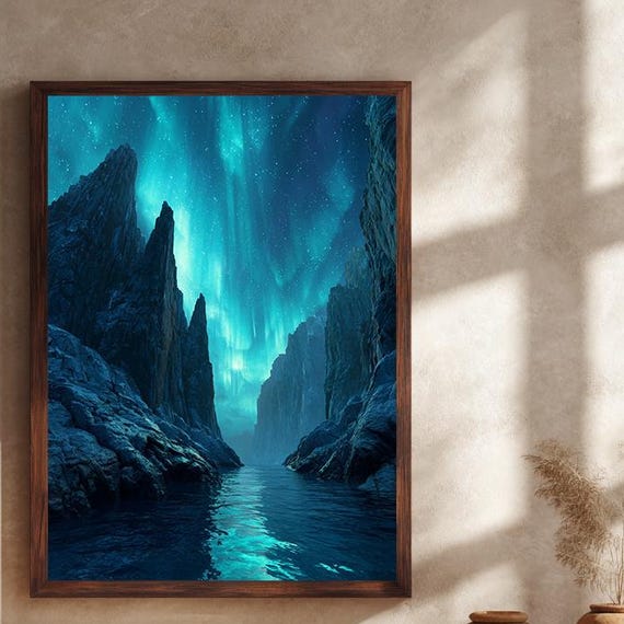 Aurora Borealis Night Sky Canvas Wall Art Northern Lights Over Rocky Fjord Print For Modern Home Or Nature Inspired Decor