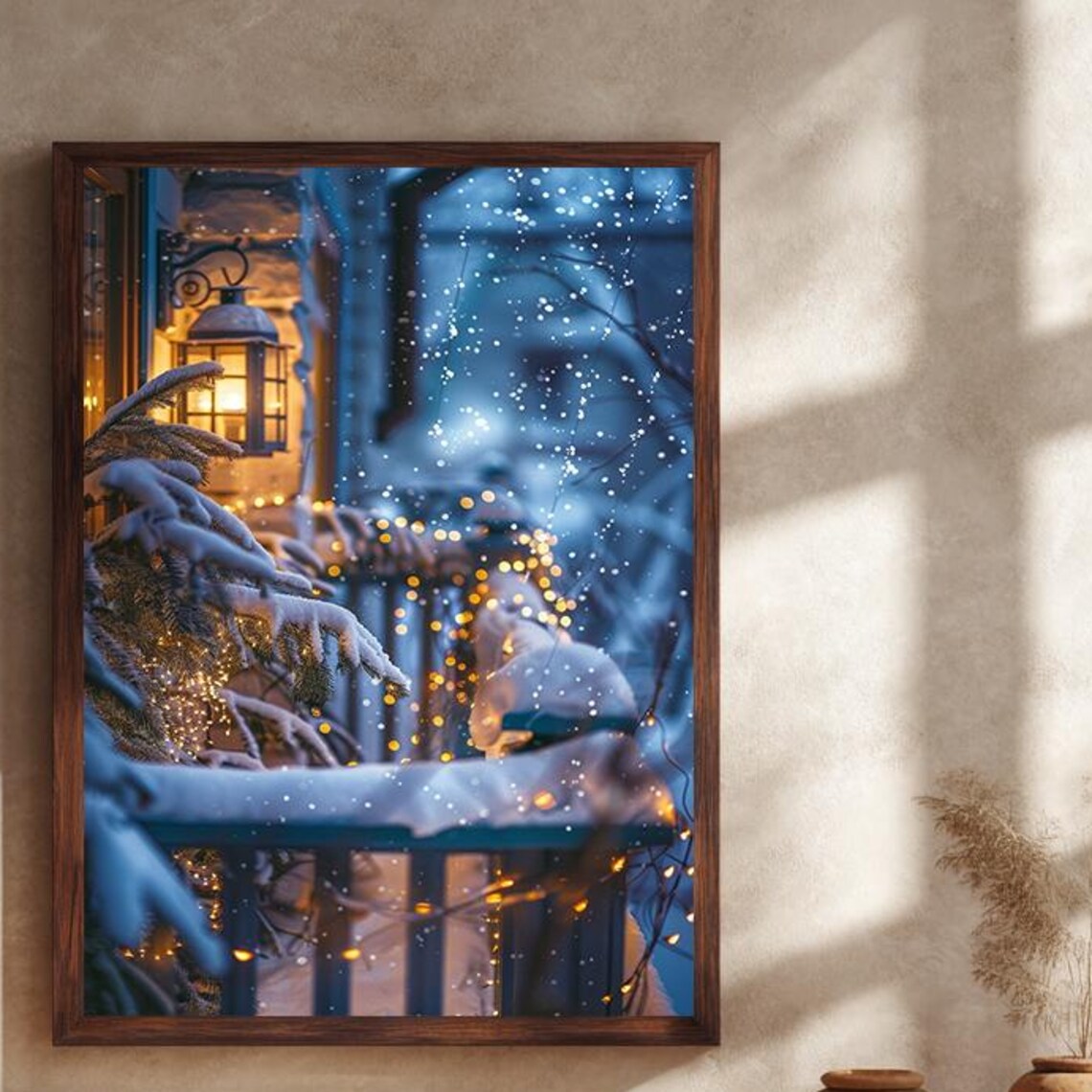 Snowy Porch Night Lantern Golden Christmas Garland Blue Winter Poster