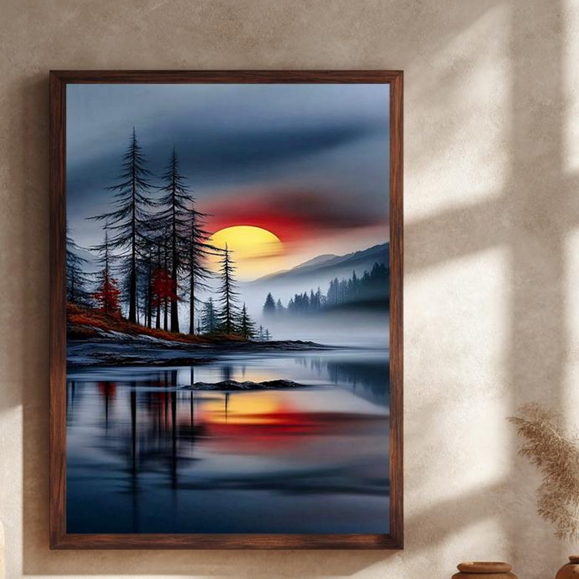 Misty Forest Sunset With Mountain Lake Reflection Scenic Wall Art