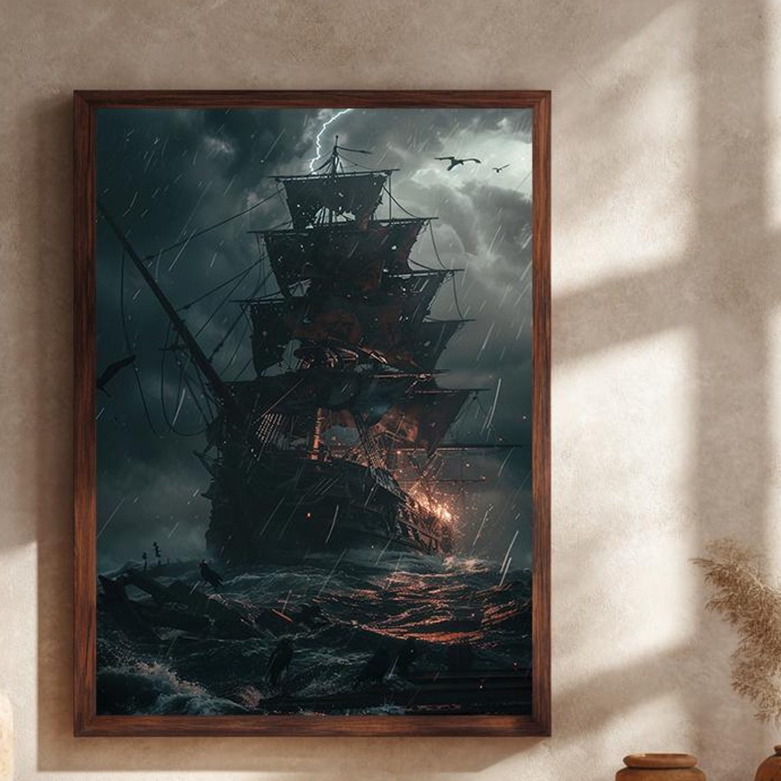 Dark Pirate Ship Sailing Through Stormy Ocean And Lightning Poster