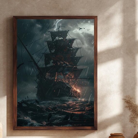 Dark Pirate Ship Sailing Through Stormy Ocean And Lightning Poster