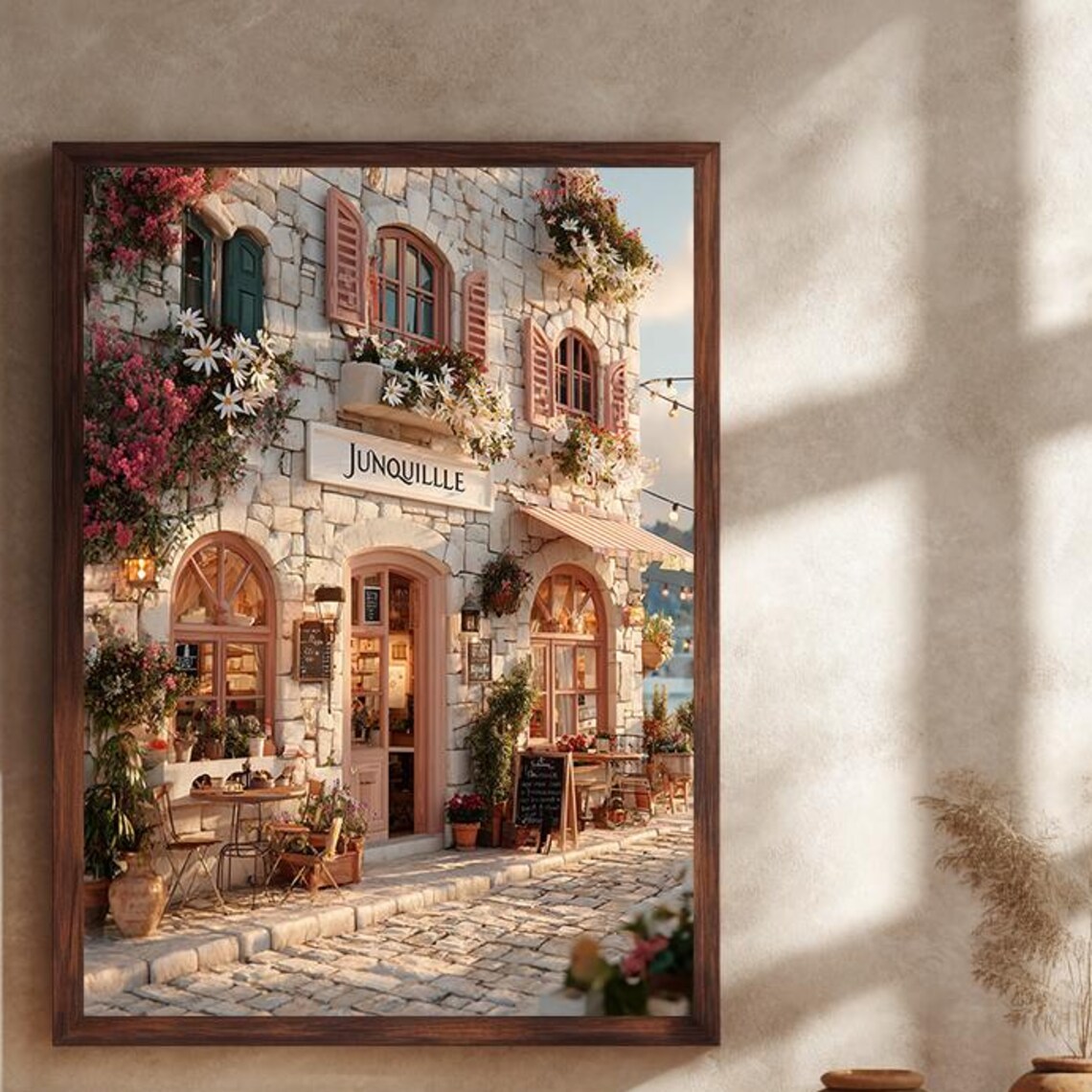 Junquille Stone Facade Flower Covered French Cafe Street Poster