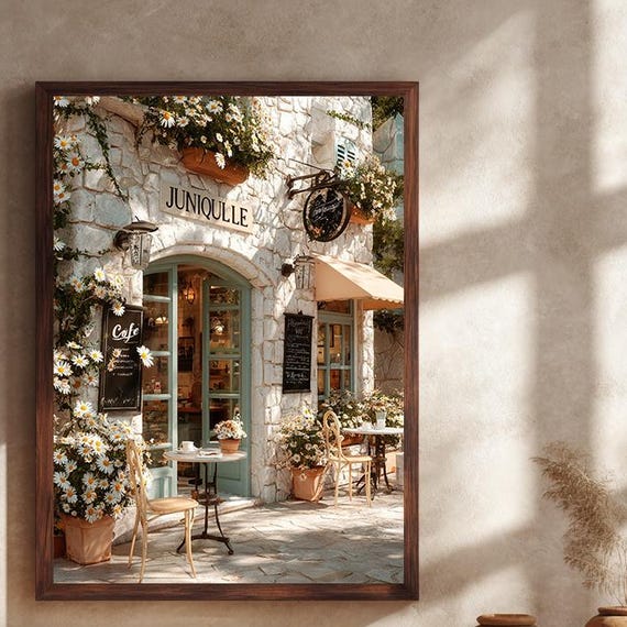 Rustic French Caf Canvas Wall Art Mediterranean Stone Front With Daisies Print For Kitchen Or Cottage Style Coffee Corner Poster
