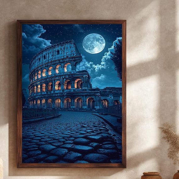 Colosseum At Night Canvas Wall Art With Full Moon Starry Sky And Ancient Roman Architecture In Dramatic Italy Travel Scene
