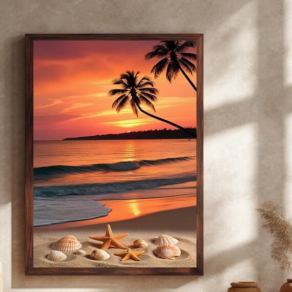 Tropical Beach Sunset Canvas Wall Art With Palm Trees Seashells Starfish And Golden Ocean Waves For Coastal Home Dcor