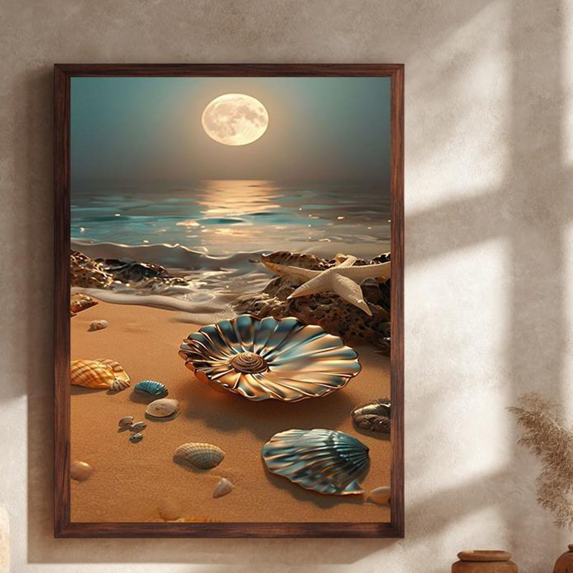 Moonlit Seashell Beach Full Moon Waves Starfish Coastal Scene Poster