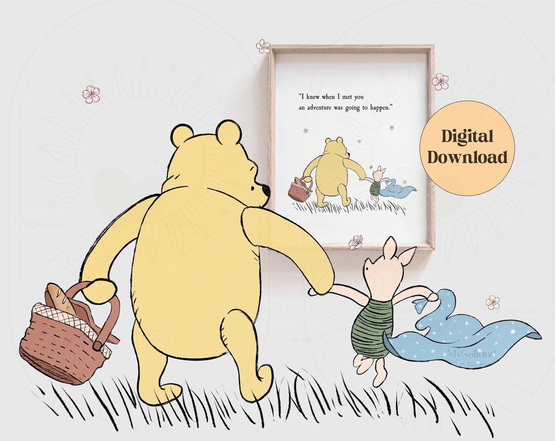 New Adventure Pooh Piglet Picnic Basket Holding Hands Colored Art Poster