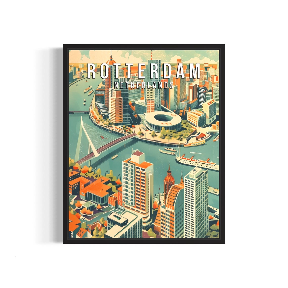 Rotterdam Netherlands Modern Skyline Erasmus Bridge Retro Poster