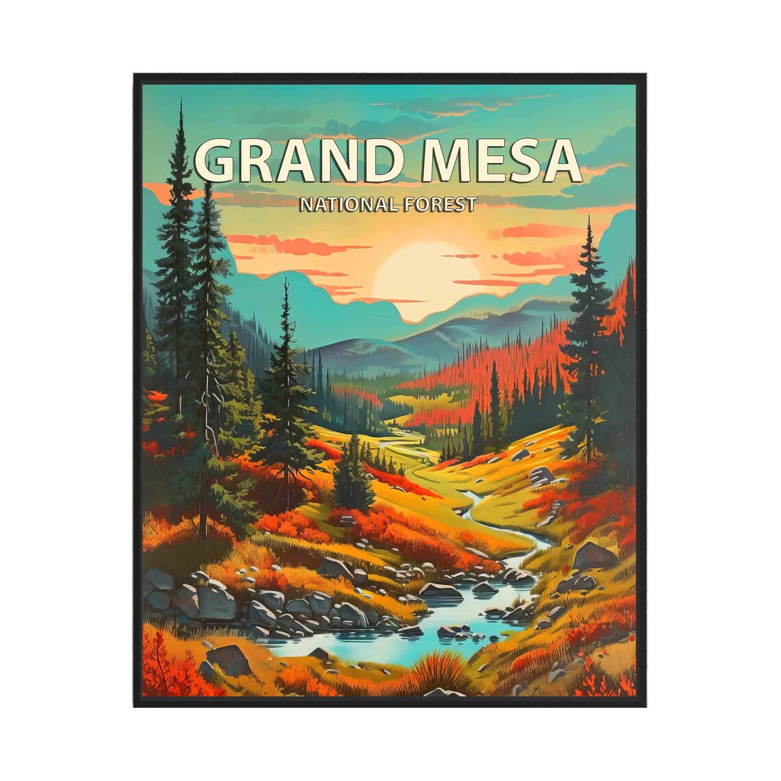 Grand Mesa National Forest Vintage Travel Poster Golden Sunset Valley