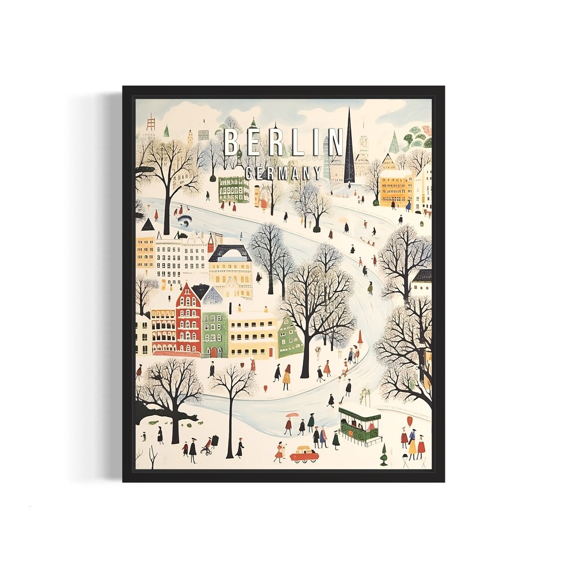 Berlin Germany Winter Snow Park Scene Retro Travel Art Poster