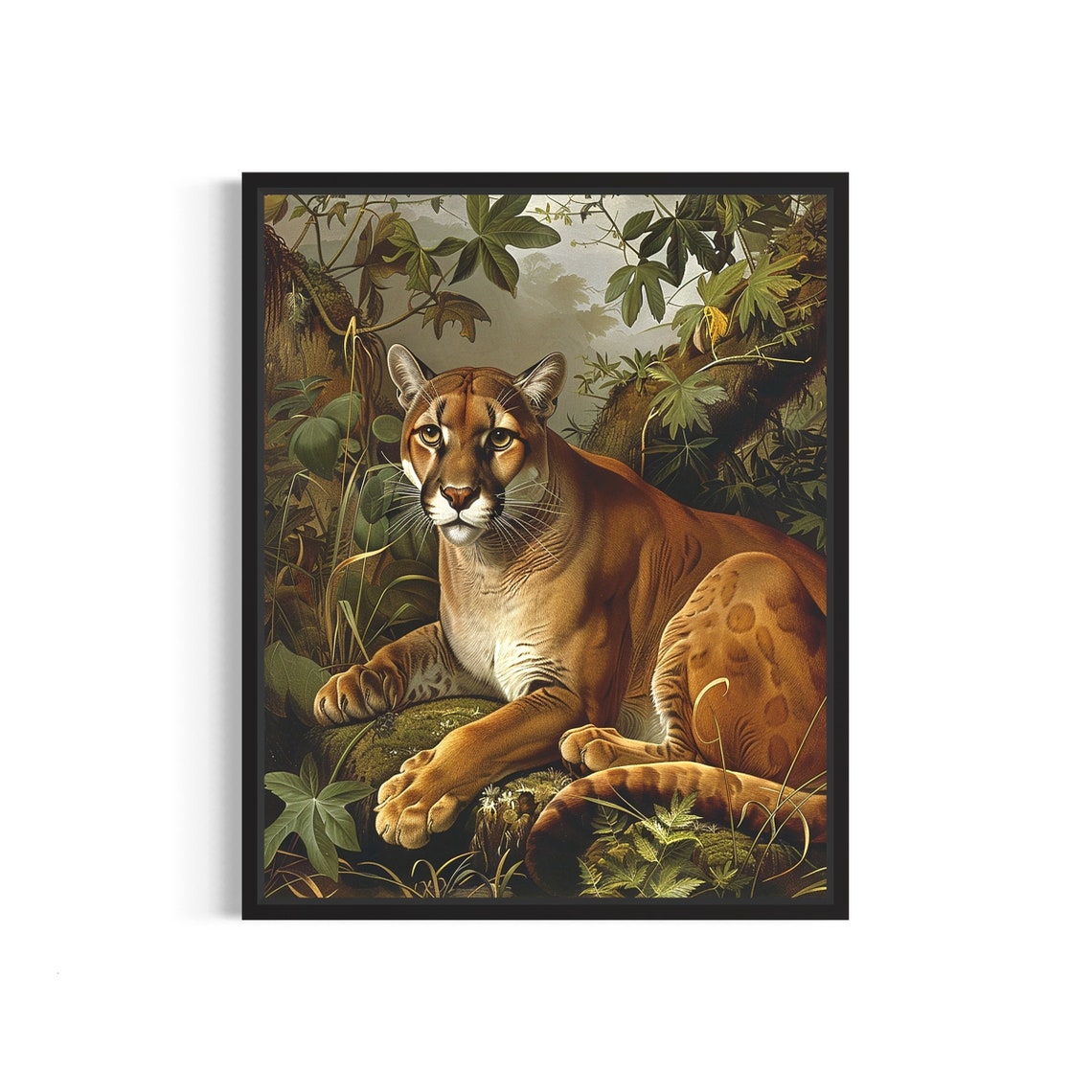 Vintage Cougar Resting In Lush Jungle Foliage Wildlife Art Poster