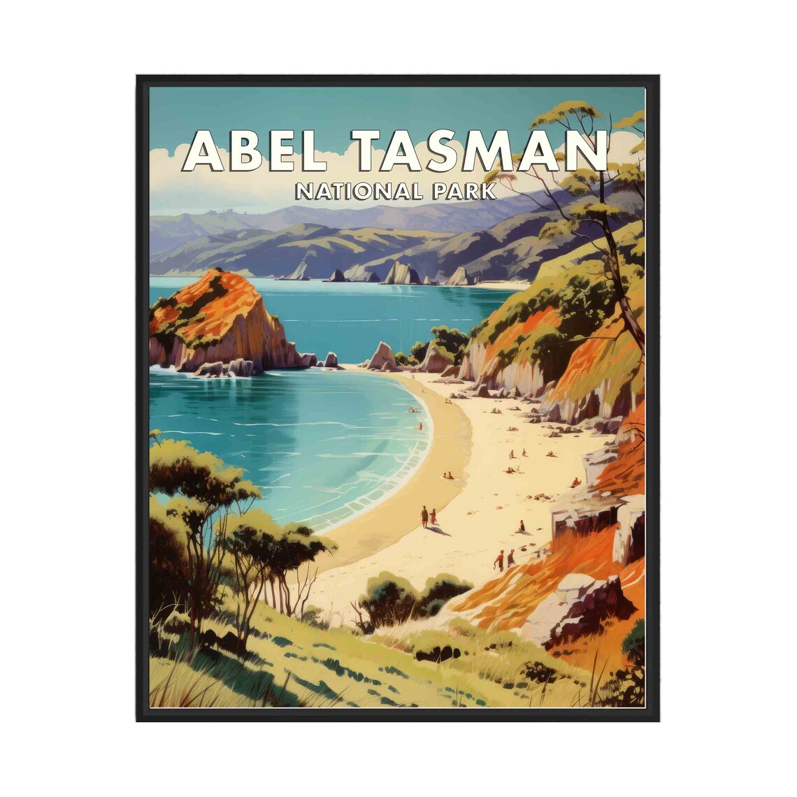 Abel Tasman National Park Golden Cove Coastline Retro Travel Poster