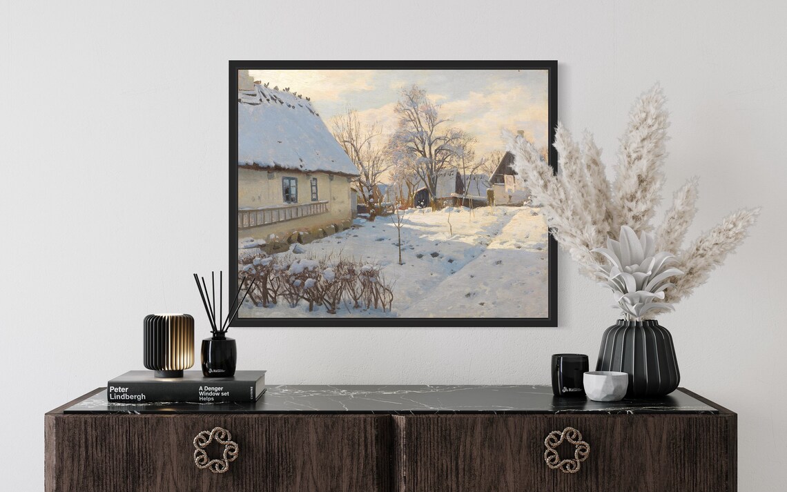 Thatched Roof Cottage in Winter Snow Vintage Painting Poster - Image 2